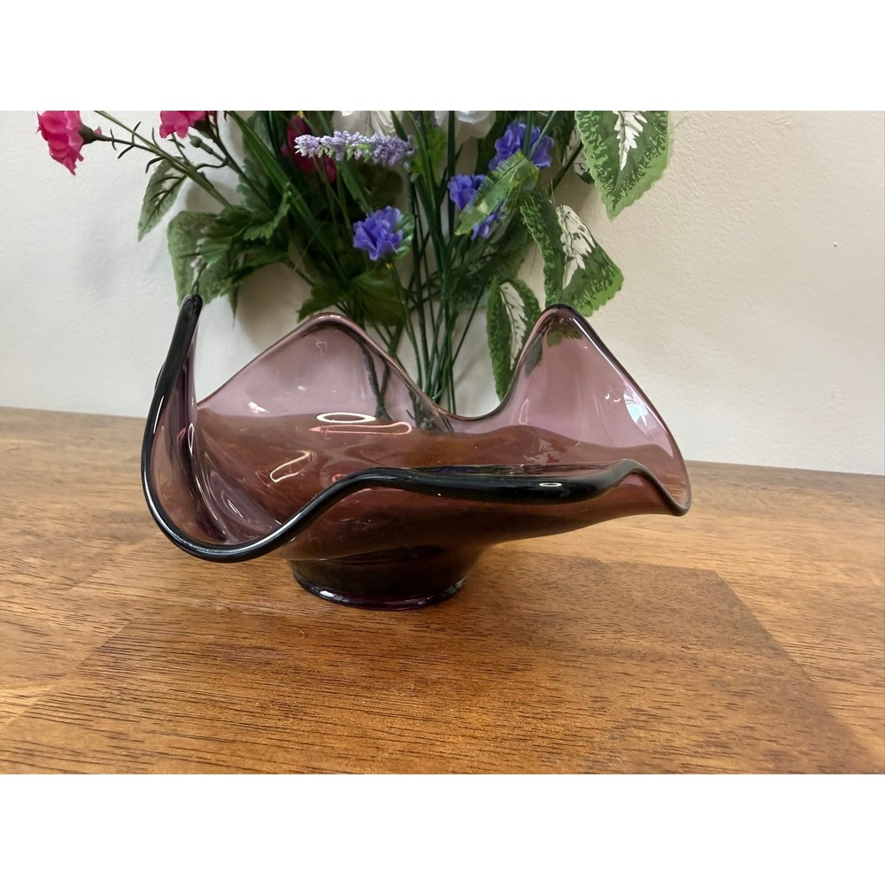 Vintage Amethyst Glass Ruffled Pedestal Bowl Hand Formed Mid Century